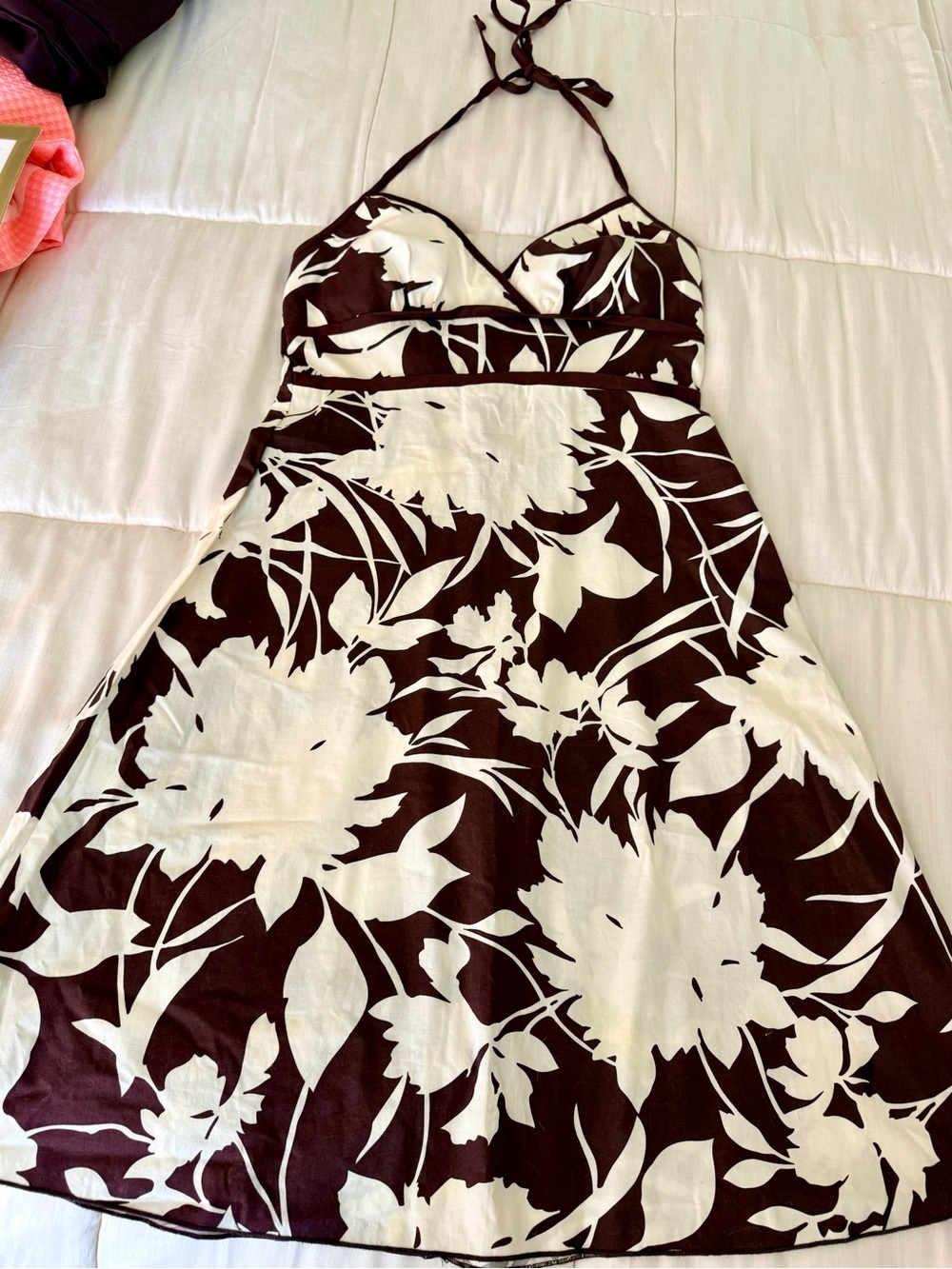 Y2K vintage summer halter sundress empire waist brown white tropical zip med